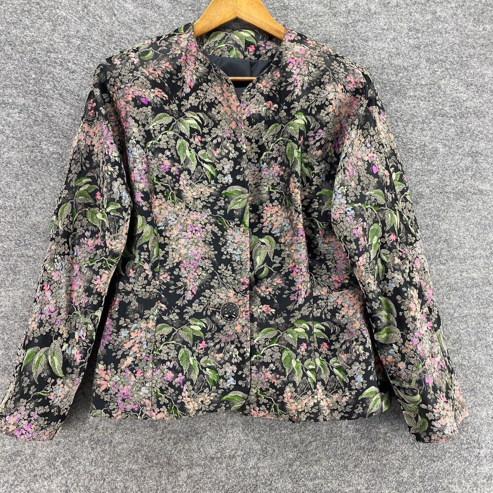Unbranded Blazer Women M Medium Black Floral V-Neck One Button Long Sleeve